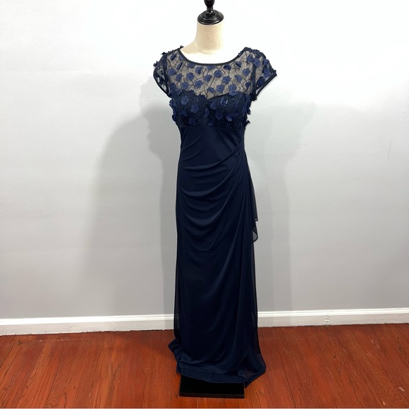 XSCAPE Navy Flower Detailed Draping Side Cap Sleeve Long Formal Sheath Gown - Picture 8 of 12